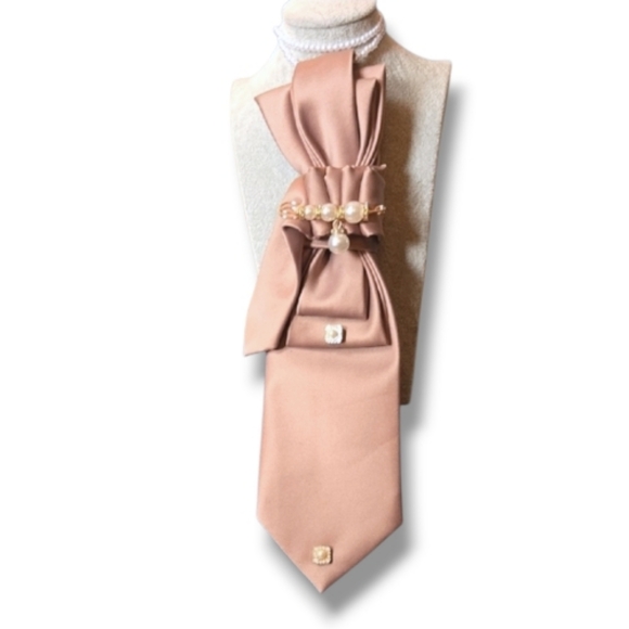 Accessories - Elegant One Of A Kind Tan Satin Folded Necktie Cravat with Pearl Accents